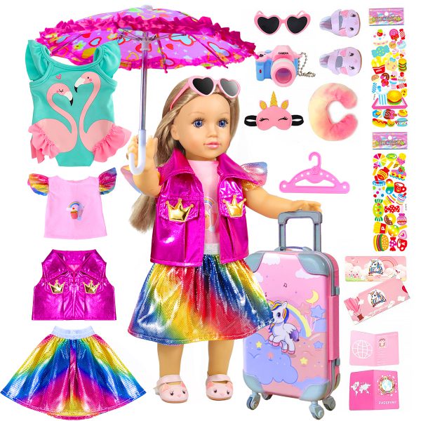 18-inch-Doll-Clothes and Accessories - Doll-Travel-Suitcase Play Set Including Luggage, 2 Sets of Doll-Clothes and Shoes, Umbrella Sunglasses Camera Travel Pillow Blindfold Passport Tickets