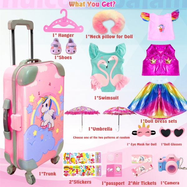 18-inch-Doll-Clothes and Accessories - Doll-Travel-Suitcase Play Set Including Luggage, 2 Sets of Doll-Clothes and Shoes, Umbrella Sunglasses Camera Travel Pillow Blindfold Passport Tickets - Image 2