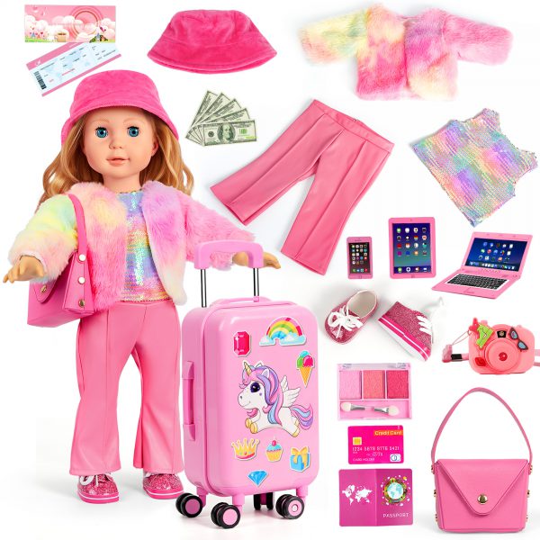 18-inch-Doll-Clothes and Accessories - Doll-Travel-Suitcase Luggage, Doll-Clothes and Shoes, Bag, Sunglasses, Camera, Passport, Notebook, Phone, pad Doll Travel Gear Play Set Fit 18 inch Doll