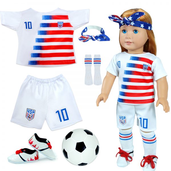 18-Inch-Doll-Clothes and Accessories - WONDOLL World Cup Team USA 18'' Soccer Uniform Outfits Includes Headband,Shirt,Shorts, Socks,Shoes and Football