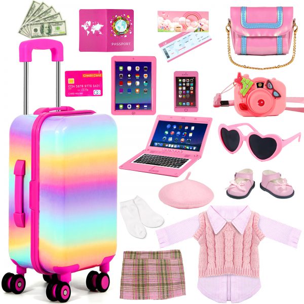 18-inch-Doll-Clothes and Accessories - Doll-Travel-Suitcase Luggage, Doll-Clothes and Shoes, Bag, Sunglasses, Camera, Passport, Notebook, Phone, pad Doll Travel Gear Play Set Fit 18 inch Doll - Image 7