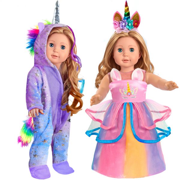 2-Sets 18-inch Doll-Clothes Set - Unicorn Clothes with Hair Clip and Headband - Compatible with All 18 inch Dolls Accessories for Kids