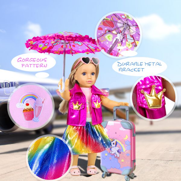 18-inch-Doll-Clothes and Accessories - Doll-Travel-Suitcase Play Set Including Luggage, 2 Sets of Doll-Clothes and Shoes, Umbrella Sunglasses Camera Travel Pillow Blindfold Passport Tickets - Image 4